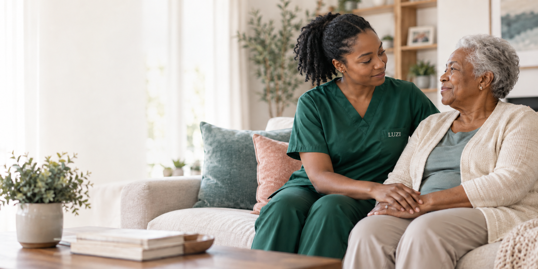 A Luzi caregiver sharing a reassuring moment with an older adult at home.