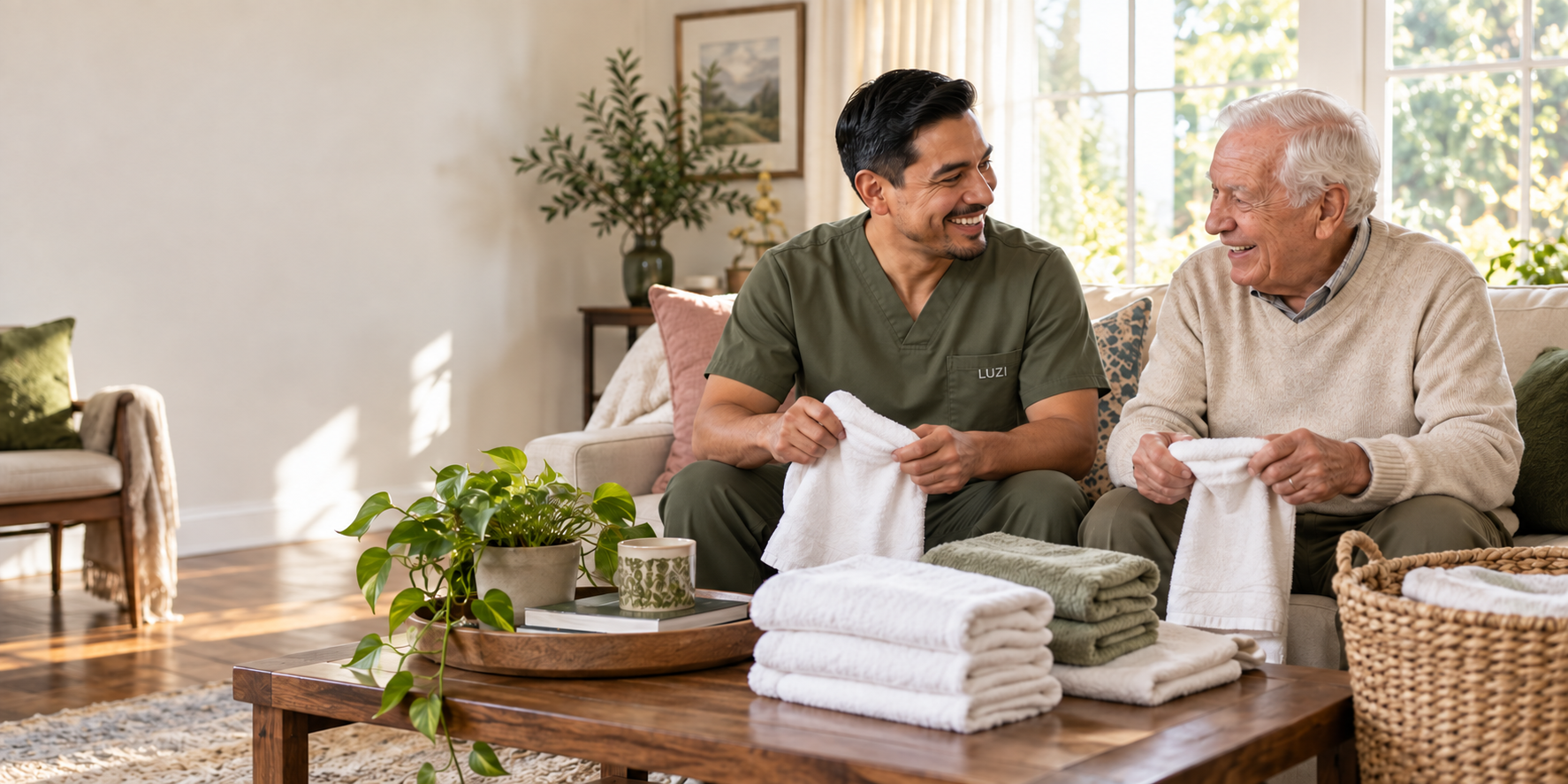 A Luzi caregiver and client folding clean towels together.