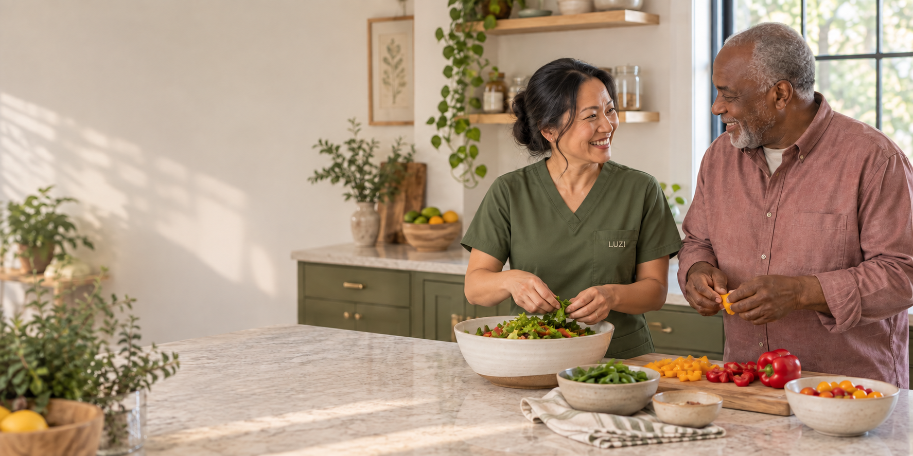 A Luzi caregiver and client preparing a fresh meal together.