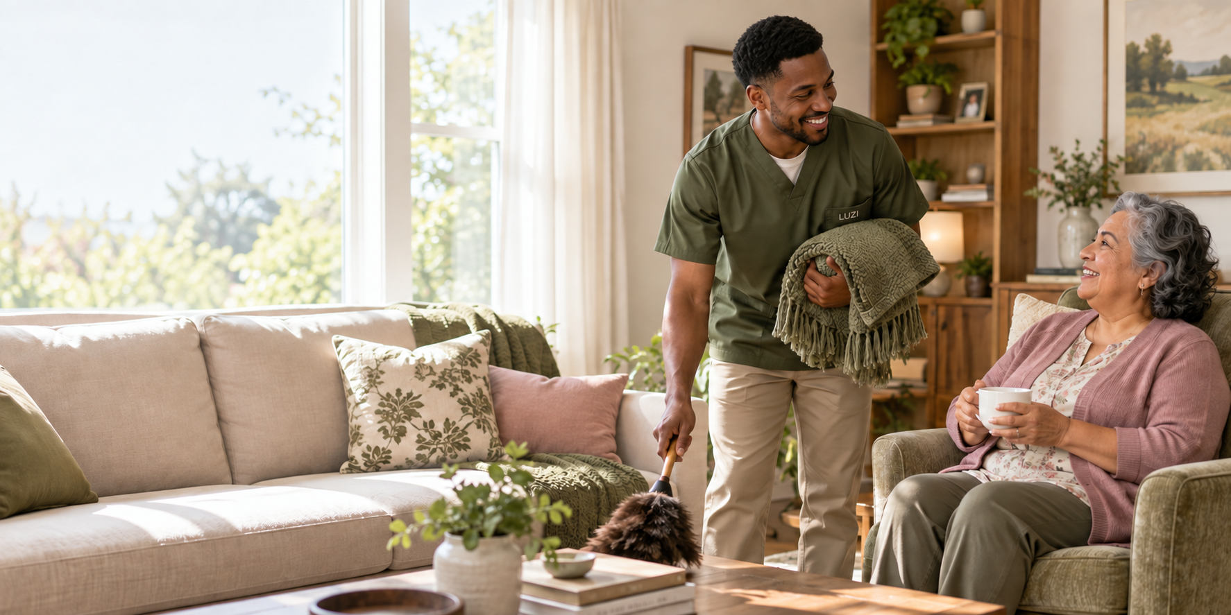 A Luzi caregiver providing light housekeeping while speaking with a client.