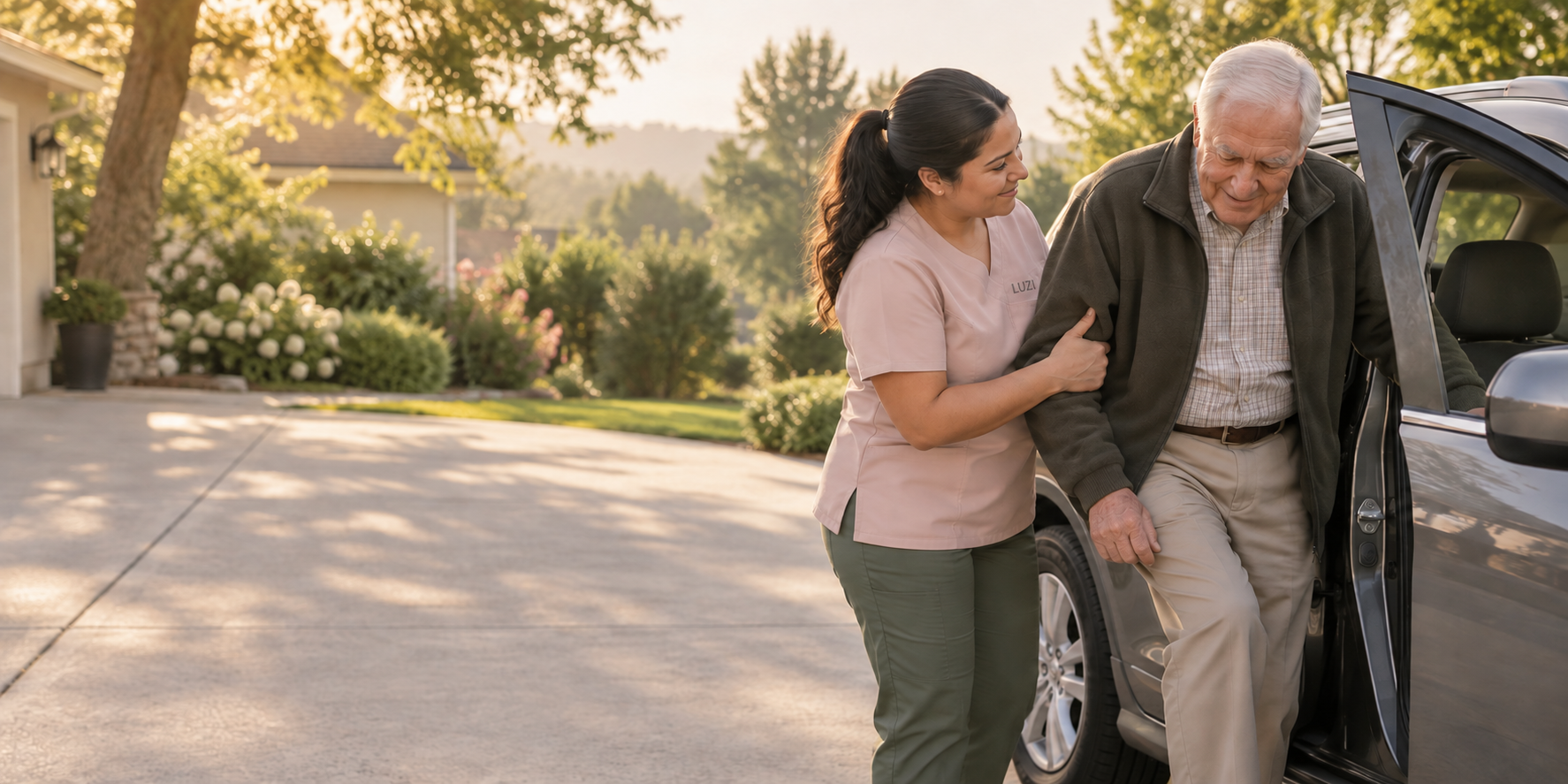 A Luzi caregiver offering support as a client gets into a car.